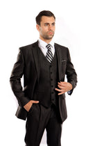 Black Solid Shiny Sharkskin 3-PC Regular Modern Fit Suits For Men