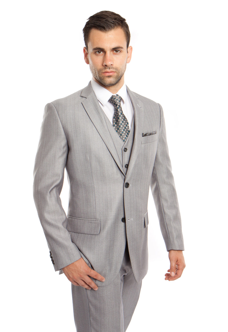 Lt. Gray Solid Shiny Sharkskin 3-PC Regular Modern Fit Suits For Men