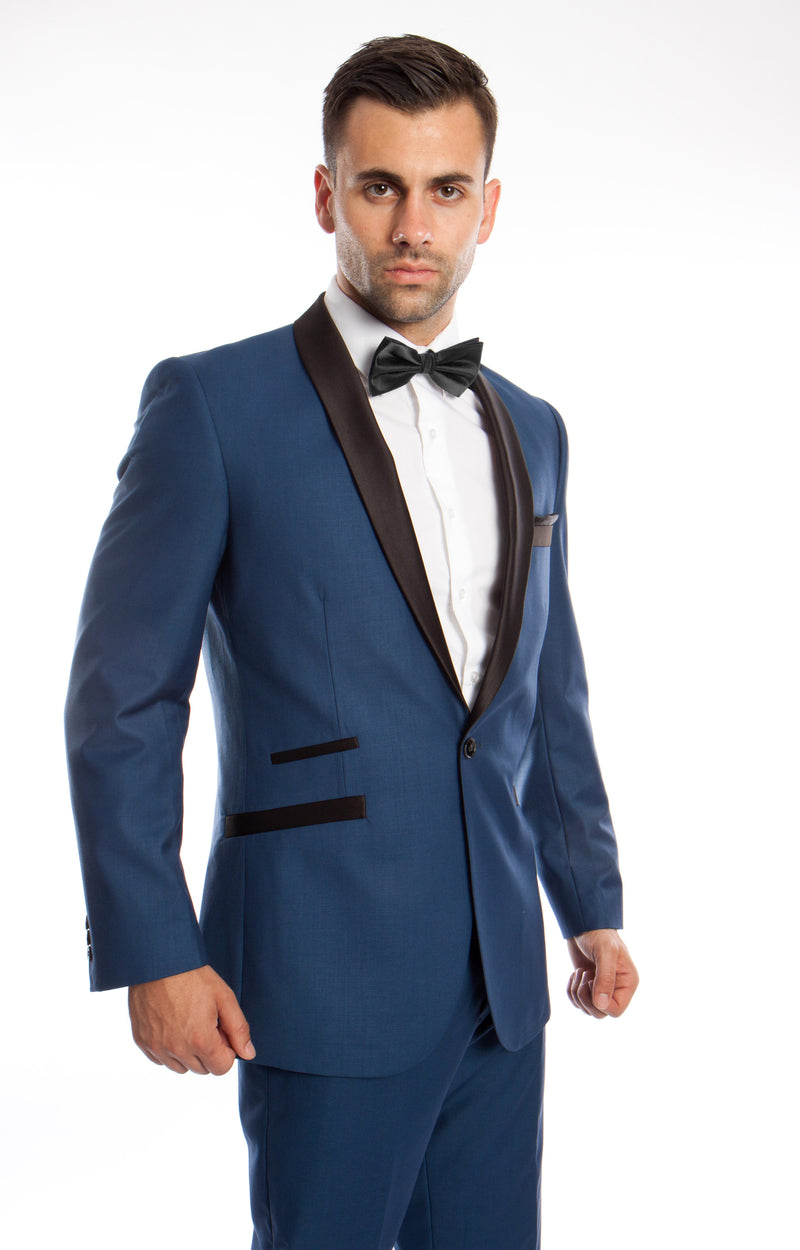 Blue / Black Solid with Black Shawl Collar Trim 2-PC Slim Fit Suits For Men