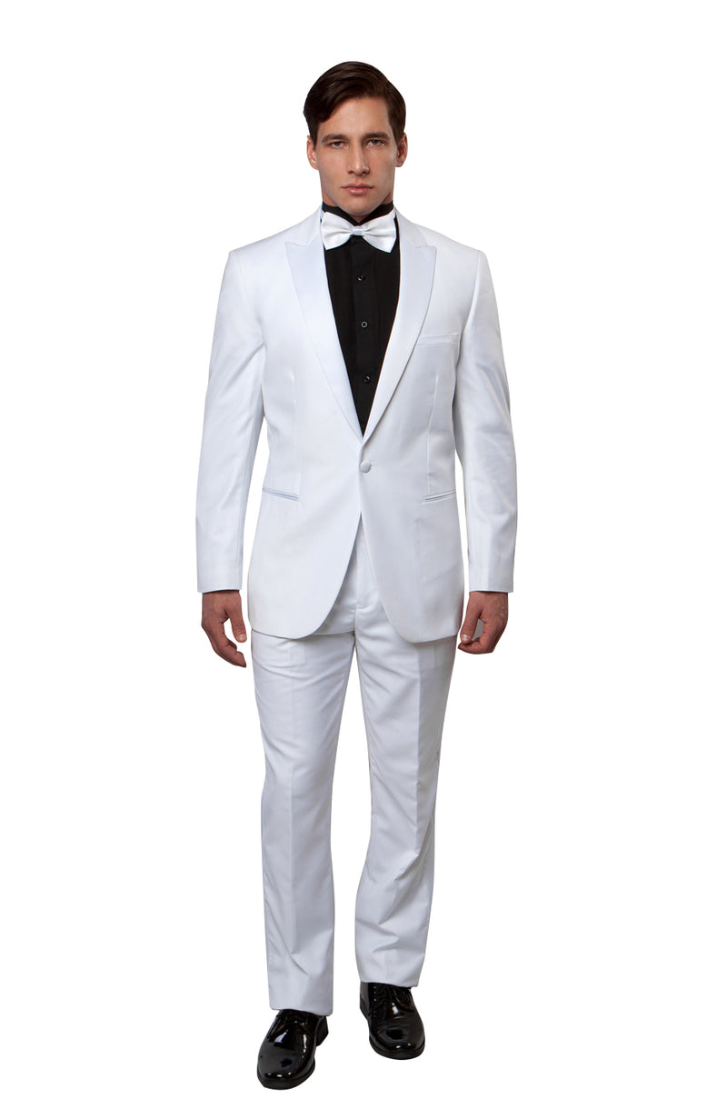 White / White Satin Bryan Michaels Peak Lapel Tuxedo Solid Slim Fit Prom Tuxedo For Men MT182S-02