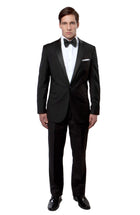 Black / Black Satin Bryan Michaels Satin Peak Lapel With Trim Tuxedo Solid Slim Fit Prom Tuxedo For Men MT187S-01