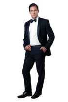 Navy / Navy Satin Bryan Michaels Satin Peak Lapel With Trim Tuxedo Solid Slim Fit Prom Tuxedo For Men MT187S-02