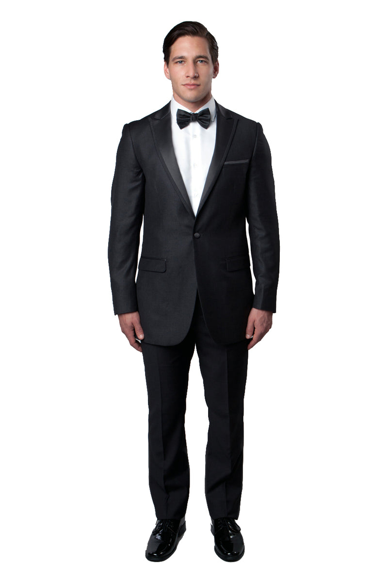 Charcoal Grey / Charcoal Grey Bryan Michaels Satin Peak Lapel With Trim Tuxedo Solid Slim Fit Prom Tuxedo For Men MT187S-03