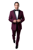 Burgundy / Black Satin Bryan Michaels Satin Peak Lapel With Trim Tuxedo Solid Slim Fit Prom Tuxedo For Men MT187S-08