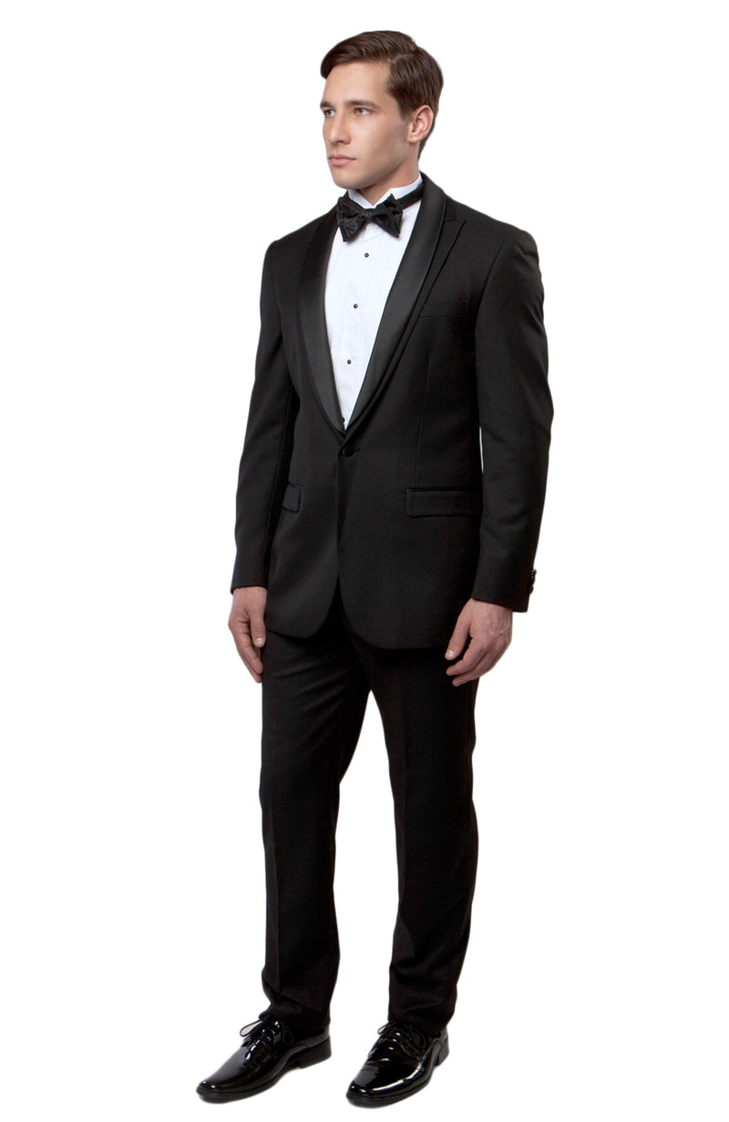 Black / Black Satin Bryan Michaels Peak Lapel Trim/Satin Shawl Collar Tuxedo Solid Slim Fit Prom Tuxedo For Men MT188S-01