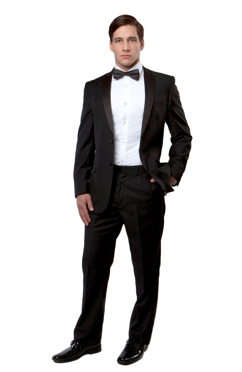 Black / Black Satin Bryan Michaels Solid Notch Lapel Tuxedo Solid Slim Fit Prom Tuxedo For Men MT202S-01