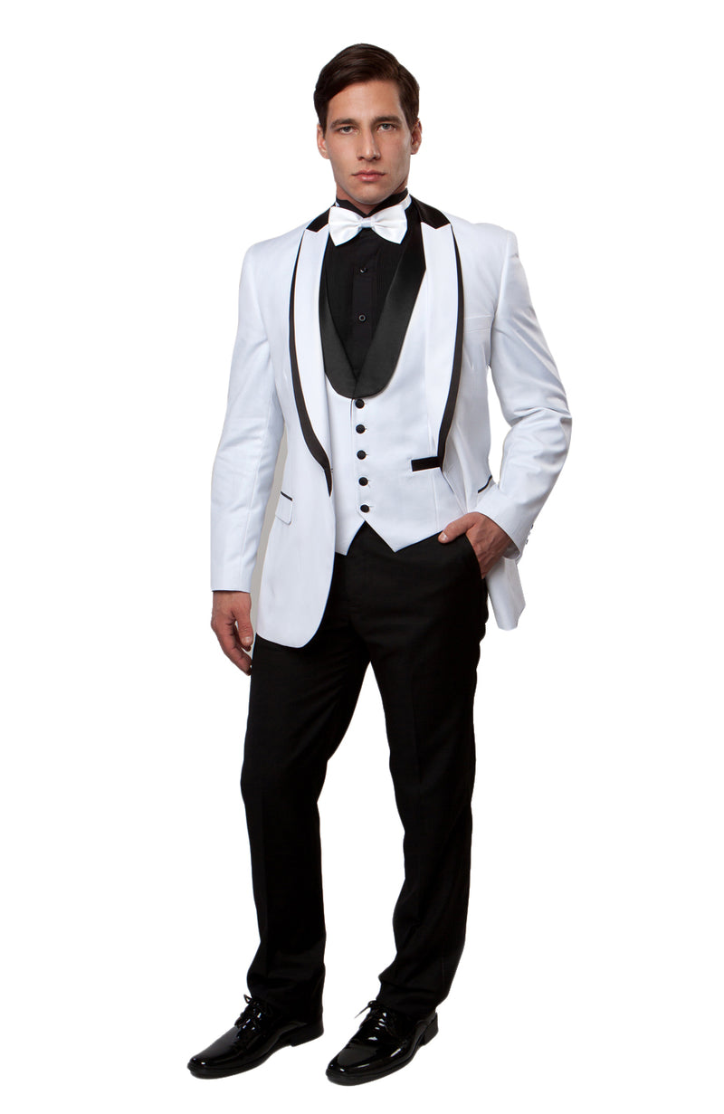 White / Black Satin Bryan Michaels Shawl Collar Trim/ Peak Lapel Tuxedo Solid Slim Fit Prom Tuxedo For Men MT239S-03