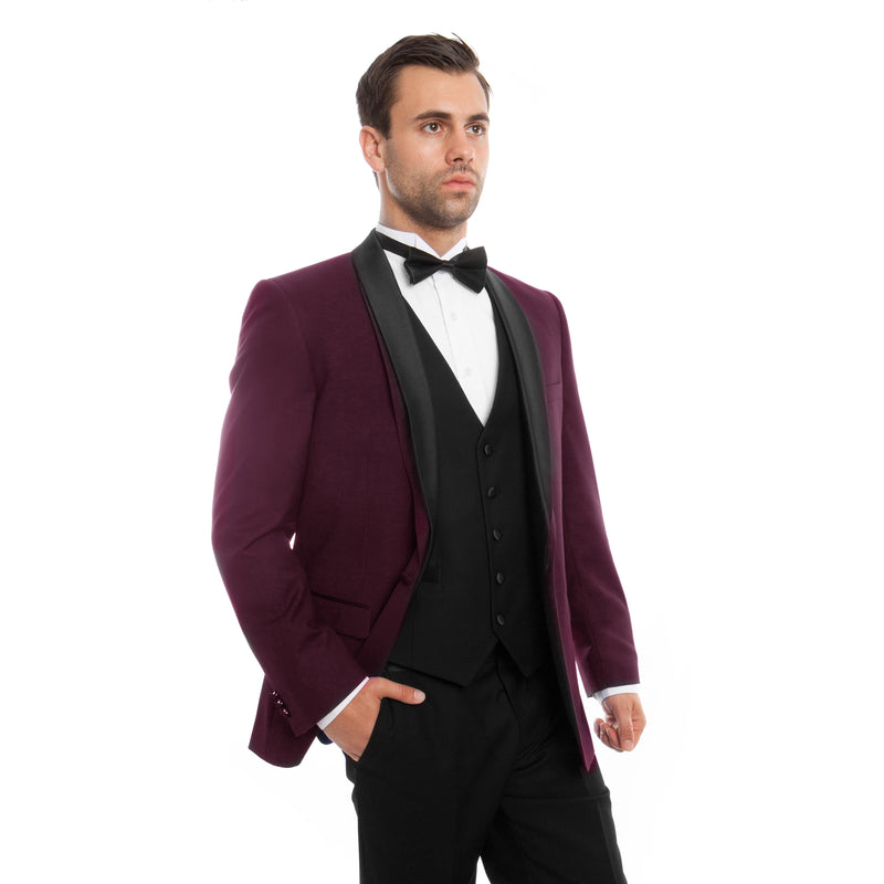Burgundy / Black Satin Bryan Michaels Shawl Collar Tuxedo Solid Slim Fit Prom Tuxedo For Men MT252S-02