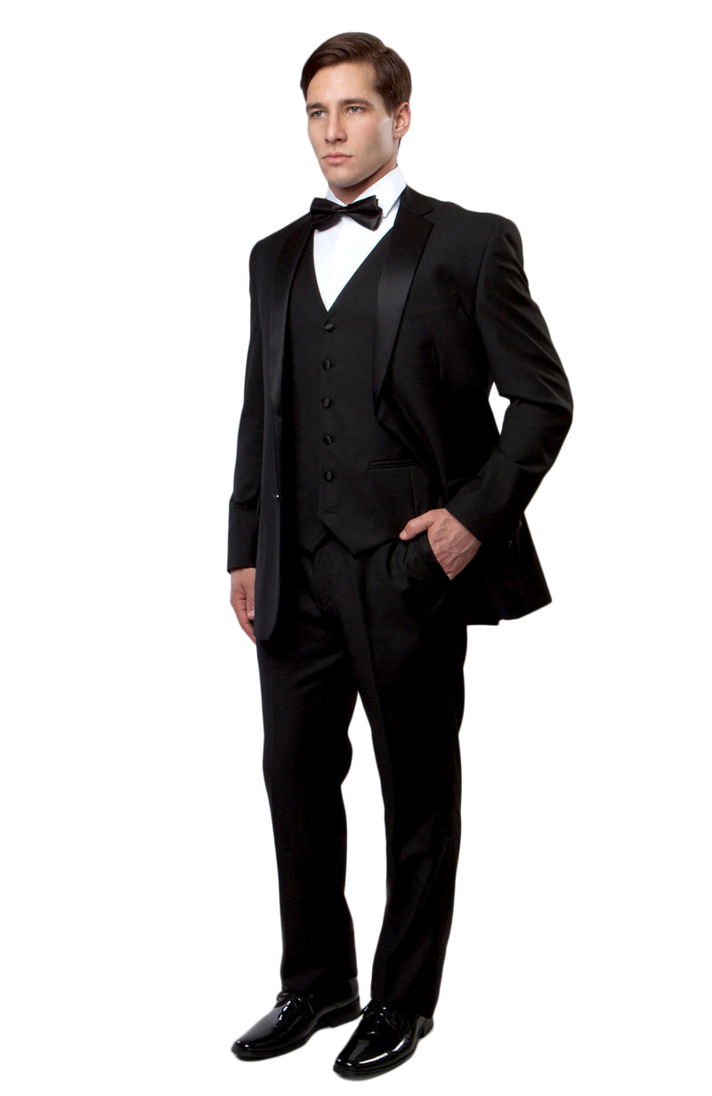 Black / Black Satin Bryan Michaels Solid Notch Lapel Tuxedo Solid Slim Fit Prom Tuxedo For Men MT400-01